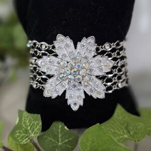 Vintage Silver Six Strand Bracelet with Center Flower AB Crystal Accents